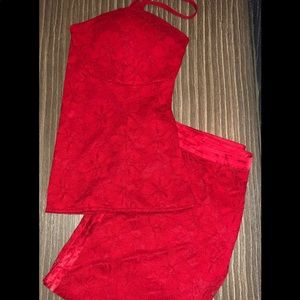 Red Lace Spaghetti Strap Blouse with Skirt